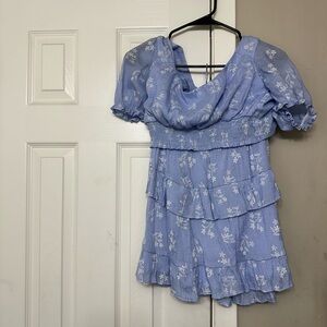 Altar'd State Blue Puff Sleeve Ruffled skirt set